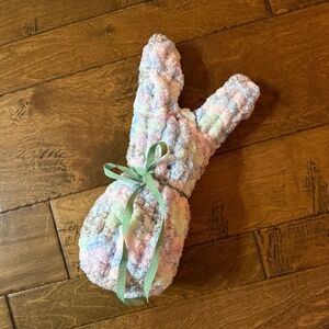 Hand Knit Chunky Yarn Bunny, 14" Tall, 4" Diameter Base